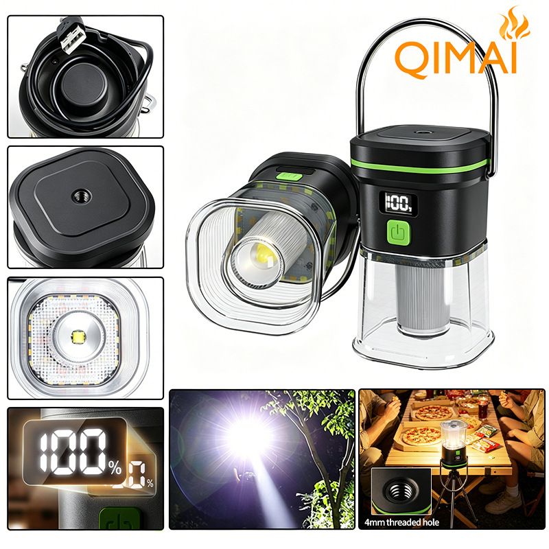 LY27 Black and Green Compact LED Camping Lantern with Spotlight and Ambient Light, USB-C Rechargeable Outdoor Emergency Tent Light - Digital Battery Display, 7 Lighting Modes, 100m Beam Range & Hanging Hook