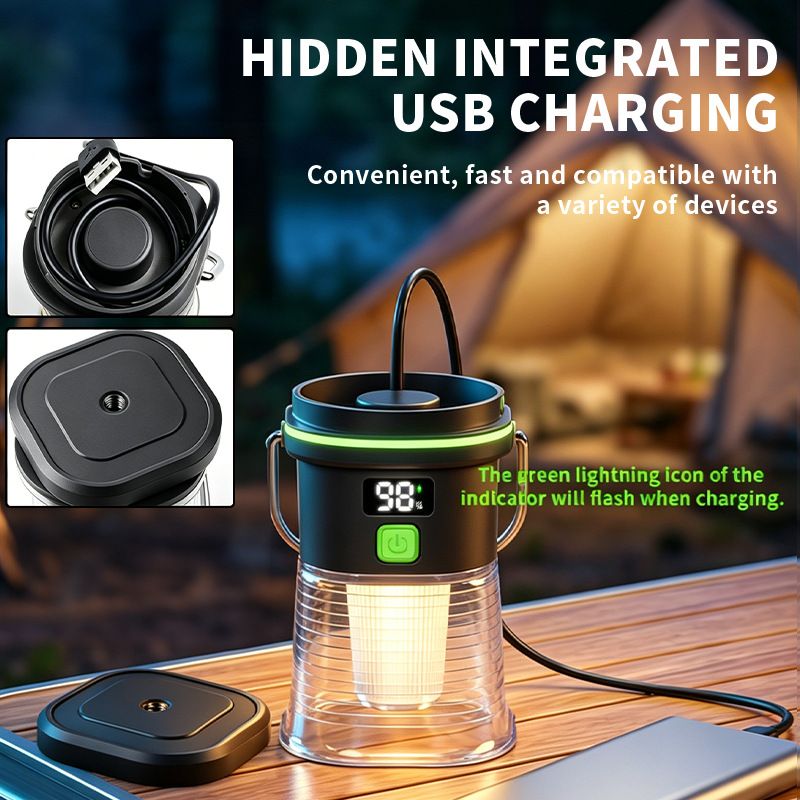 LY27 Black and Green Compact LED Camping Lantern with Spotlight and Ambient Light, USB-C Rechargeable Outdoor Emergency Tent Light - Digital Battery Display, 7 Lighting Modes, 100m Beam Range & Hanging Hook