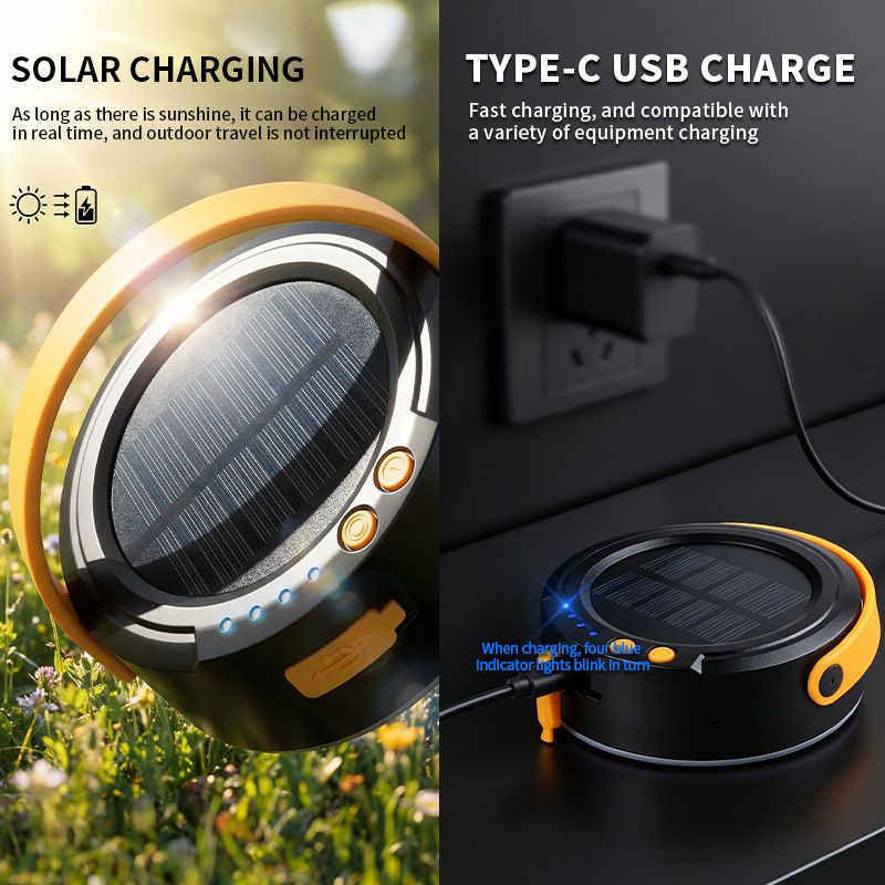 LY20 Black and Yellow Compact Solar Camping Lantern for Home Travel Use, Outdoor LED Tent Lamp and Hanging Light - 4 Lighting Modes and 3 Levels Brightness Adjustment, LED Power Display, Solar & USB-C Dual Charging