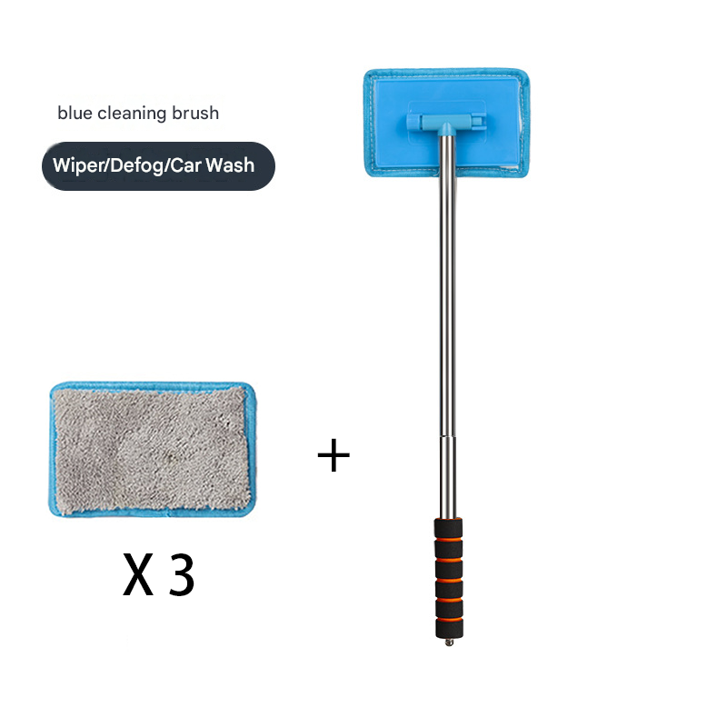 Blue Telescopic Car Windshield Cleaning Brush with 3 Replacement Microfiber- Aluminium Alloy Extendable Handle, 180° Rotatable Microfibre Head, Anti-Fog & Streak-Free Glass Wiper for Car & Home Use, Soft Grip Foam Handle