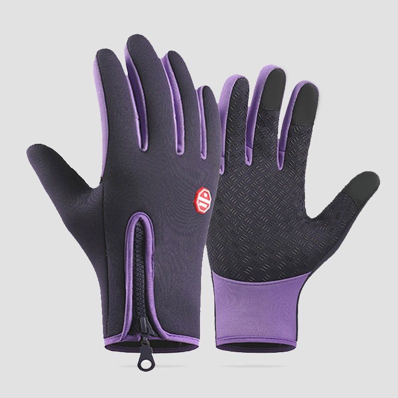 Purple L size Winter Outdoor Cycling Gloves - Touch Screen Compatible Windproof Waterproof Non-Slip Palm Thermal Fleece Gloves for Cycling, Skiing, Hiking and Sports