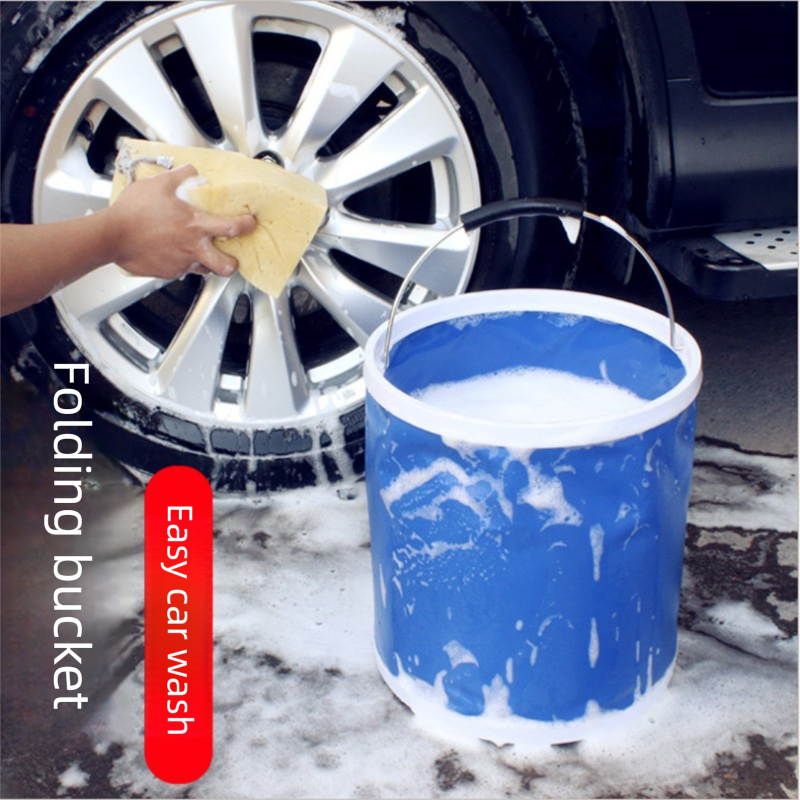 Blue 9L Collapsible Car Wash Bucket - Oxford Fabric Portable Folding Pail with Handle for Camping, Fishing, and Vehicle Cleaning