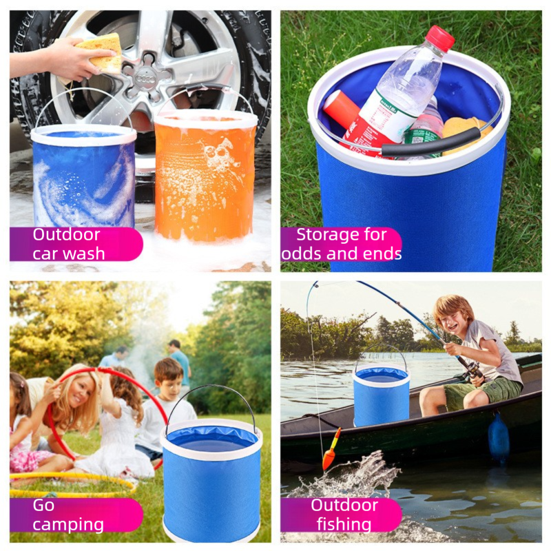 Blue 9L Collapsible Car Wash Bucket - Oxford Fabric Portable Folding Pail with Handle for Camping, Fishing, and Vehicle Cleaning