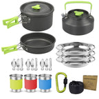 Green Camping Cookware Set for 2–3 People – Portable Outdoor Cooking Pot, Frying Pan & 1.1L Kettle Kit with Stainless Steel Plates, Cups & Cutlery, Lightweight Non-Stick Camping Cook Set for Hiking, Picnic, Backpacking & RV Travel