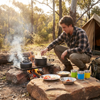 Black Camping Cookware Set for 2–3 People – Portable Outdoor Cooking Pot, Frying Pan & 1.1L Kettle Kit with Stainless Steel Plates, Cups & Cutlery, Lightweight Non-Stick Camping Cook Set for Hiking, Picnic, Backpacking & RV Travel