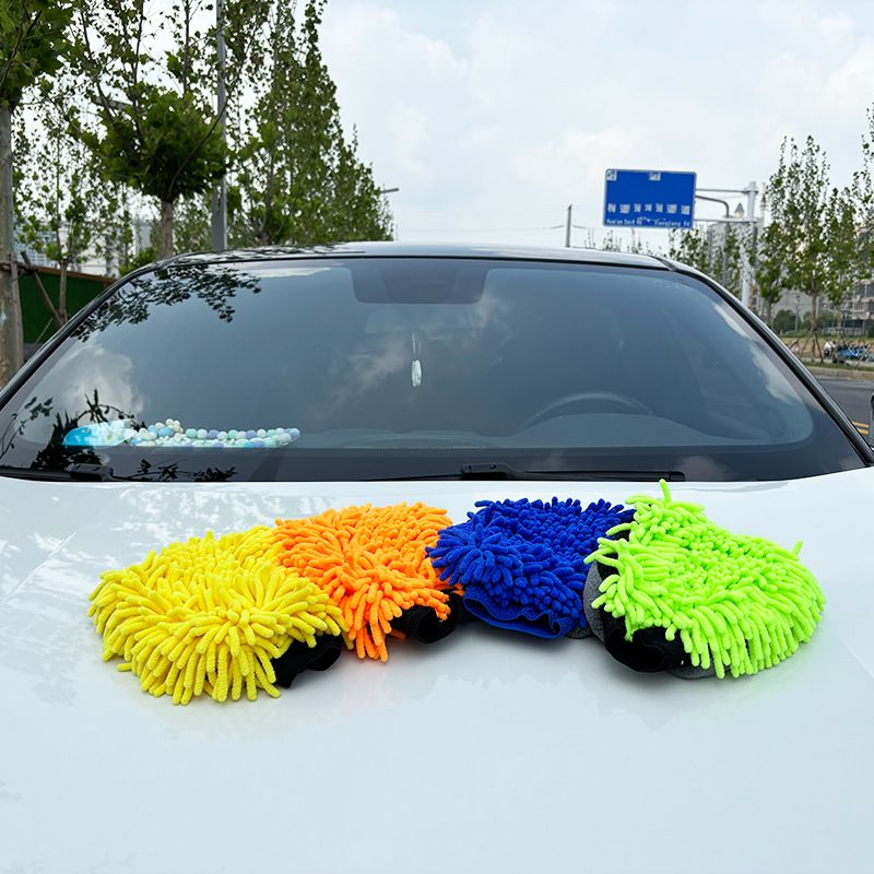 2 Pair Blue Chenille Car Wash Mitts, Double-Sided Microfiber Gloves with Waterproof Inner Layer