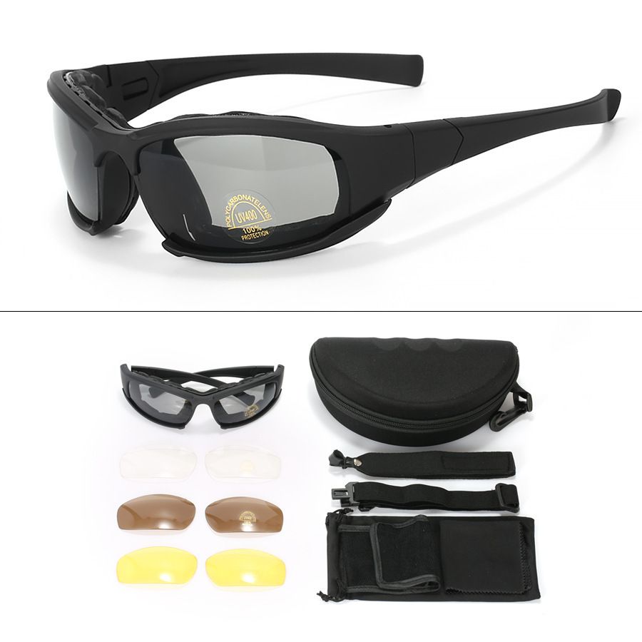 Black Tactical Protection Goggles with Storage Box and Elastic Straps (PC 4-Lens Set) - Windproof, Dustproof, UV Protection for Cycling, Tactical shooting and Outdoor Use