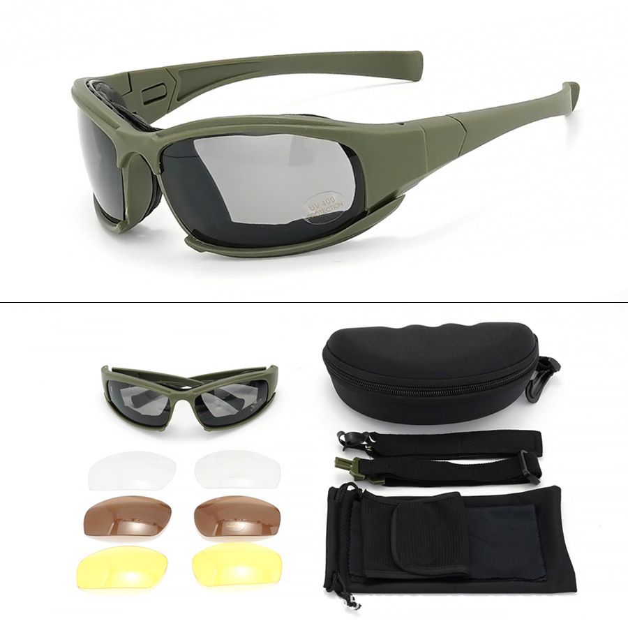 Dark Green Tactical Protection Goggles with Storage Box and Elastic Straps (PC 4-Lens Set) - Windproof, Dustproof, UV Protection for Cycling, Tactical shooting and Outdoor Use
