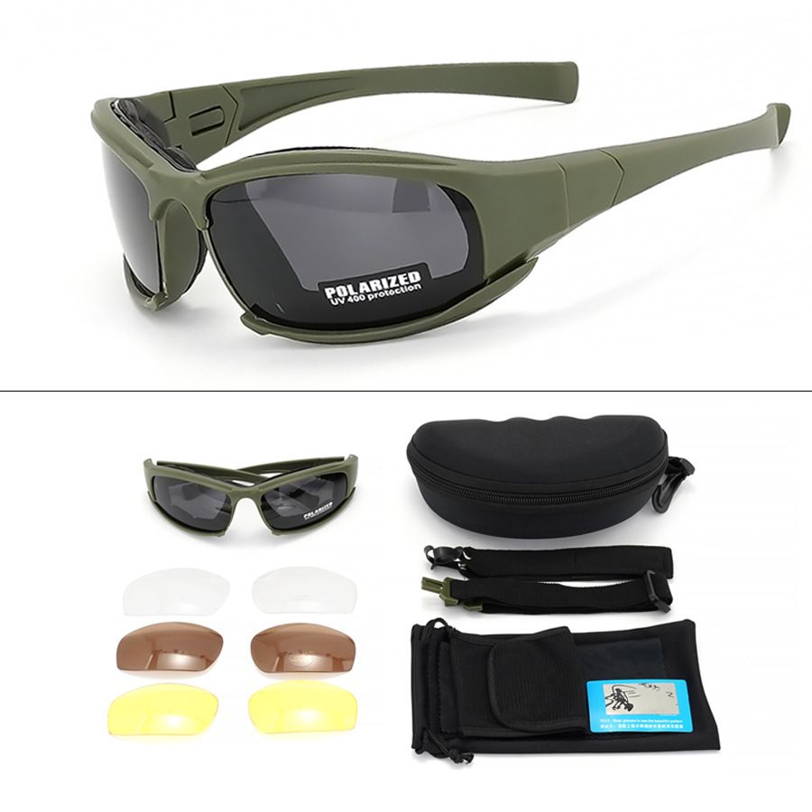 Dark Green Tactical Protection Goggles with Storage Box and Elastic Straps (Polarized 4-Lens Set) - Windproof, Dustproof, UV Protection for Cycling, Tactical shooting and Outdoor Use