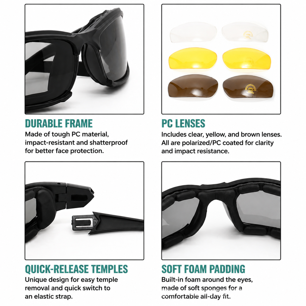Dark Green Tactical Protection Goggles with Storage Box and Elastic Straps (Polarized 4-Lens Set) - Windproof, Dustproof, UV Protection for Cycling, Tactical shooting and Outdoor Use