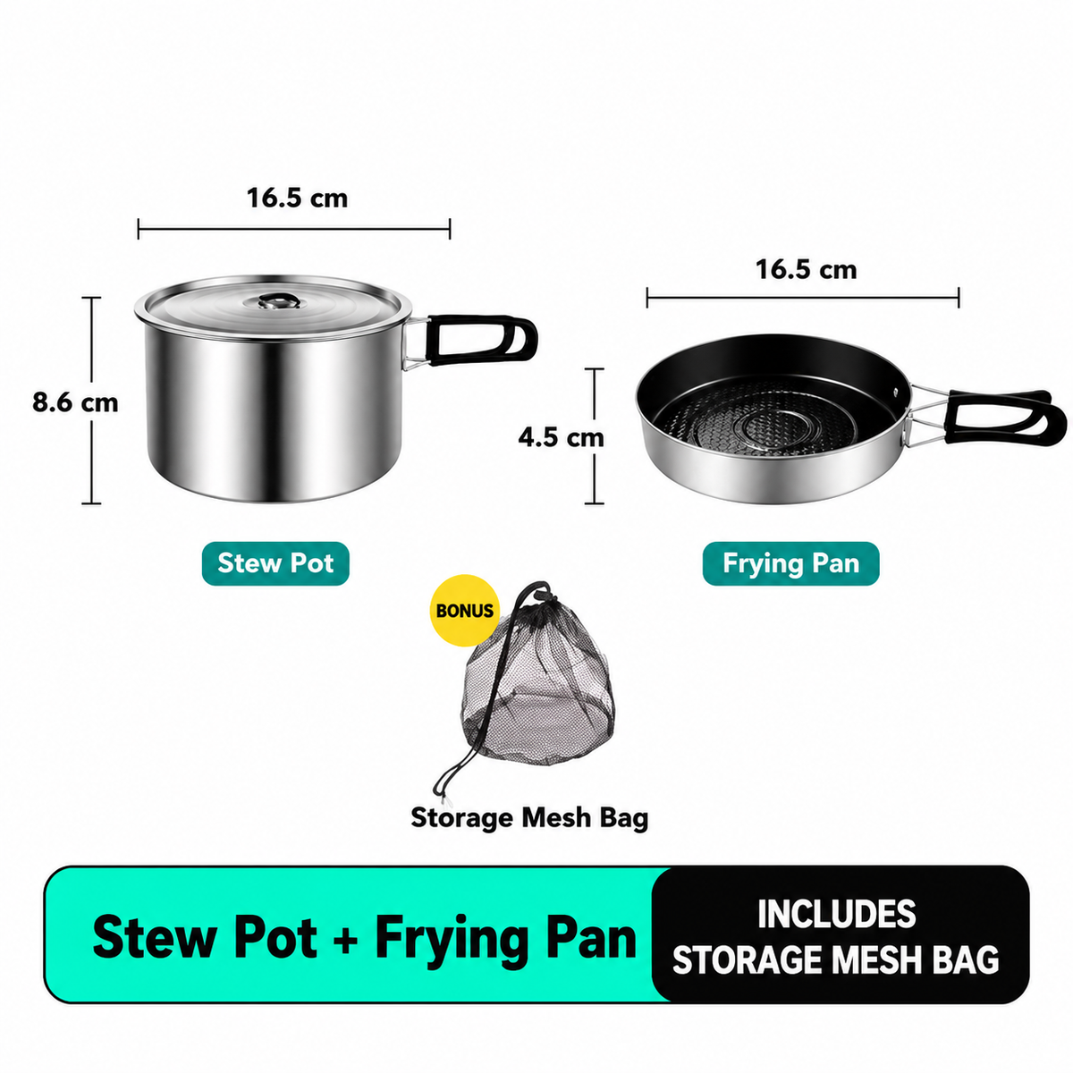 2-Piece Food Grade Stainless Steel Camping Cookware Set with Medium Stew Pot and Medium Frying Pan - Hangable and Foldable, Compact Nesting Storage, Anti Scald Wrapped Handle