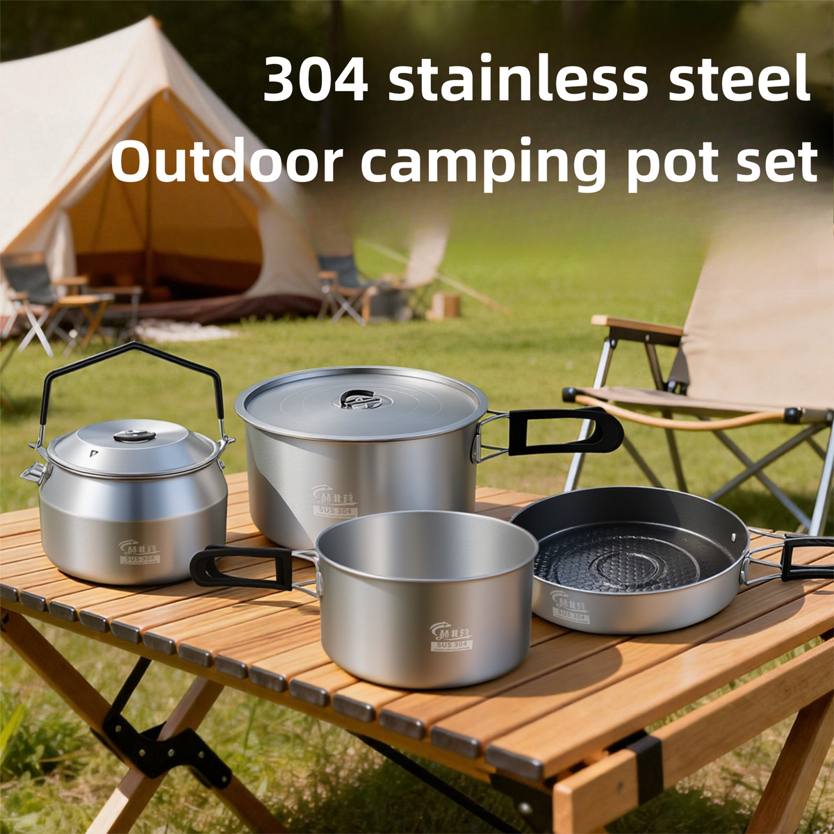 2-Piece Food Grade Stainless Steel Camping Cookware Set with Medium Stew Pot and Medium Frying Pan - Hangable and Foldable, Compact Nesting Storage, Anti Scald Wrapped Handle