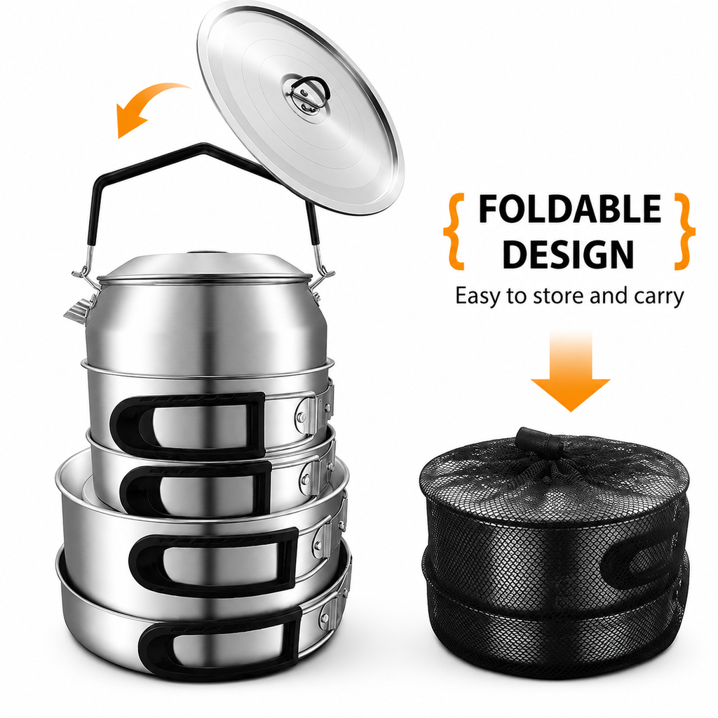 2-Piece Food Grade Stainless Steel Camping Cookware Set with Medium Stew Pot and Medium Frying Pan - Hangable and Foldable, Compact Nesting Storage, Anti Scald Wrapped Handle