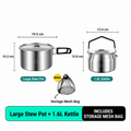 2-Piece Food Grade Stainless Steel Camping Cookware Set with 1.6L Kettle and Large Stew Pot - Hangable and Foldable, Compact Nesting  Storage, Anti Scald Wrapped Handle