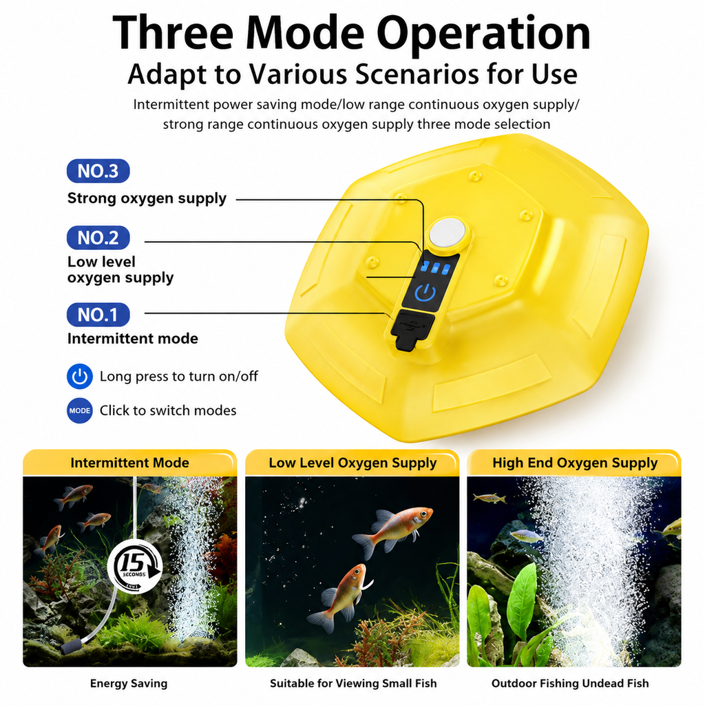 Yellow Portable Floating UFO Aerator - Rechargeable Waterproof Fish Tank Oxygen Pump with 3 Oxygen Output Modes and Quiet Operation