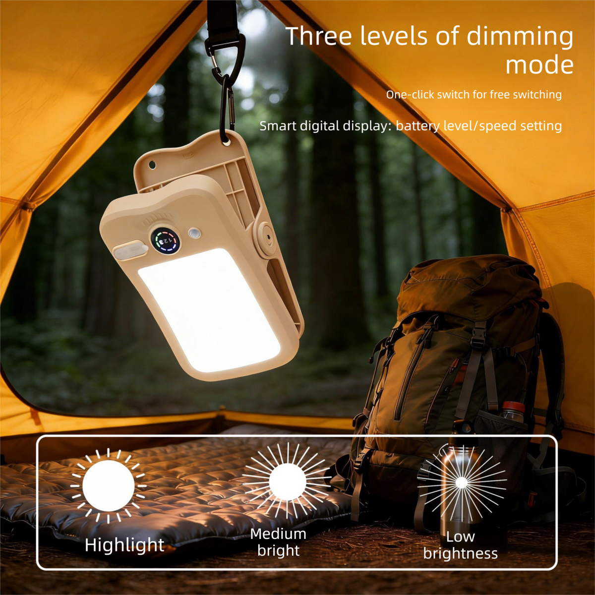 Solar Camping Lantern with Clip Green- 2000mAh USB and Solar Rechargeable, Waterproof Portable Tent Light with Digital Display for Outdoor Hiking Emergency