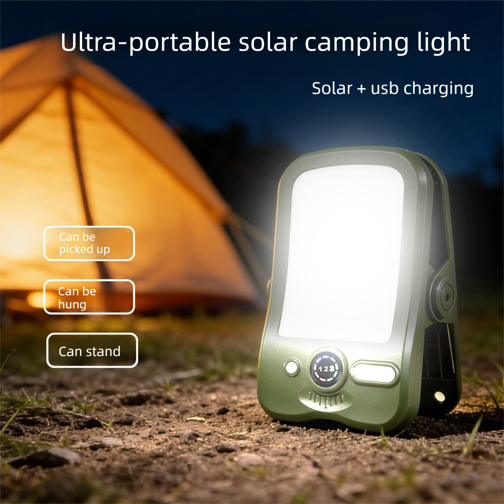 Solar Camping Lantern with Clip Beige- 2000mAh USB and Solar Rechargeable, Waterproof Portable Tent Light with Digital Display for Outdoor Hiking Emergency