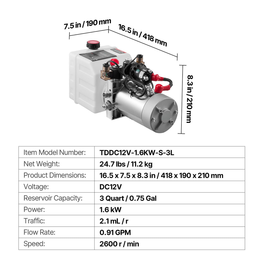 3 L Hydraulic Power Unit, Double Acting Dump Trailer Pump, 22 MPa Max Relief Pressure & 3.4 L/min Flow Rate, DC 12V Hydraulic Pump with Metal Reservoir for Dump Trailer Car Lifting