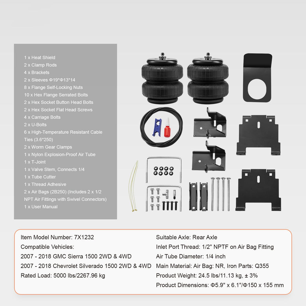 Air Bag Suspension Kit, Air Springs Suspension Bag Kit Compatible with 2007-2018 Chevrolet Silverado 1500 and GMC Sierra 1500 2WD 4WD, 5000 lbs Loading, 5 to 100 PSI