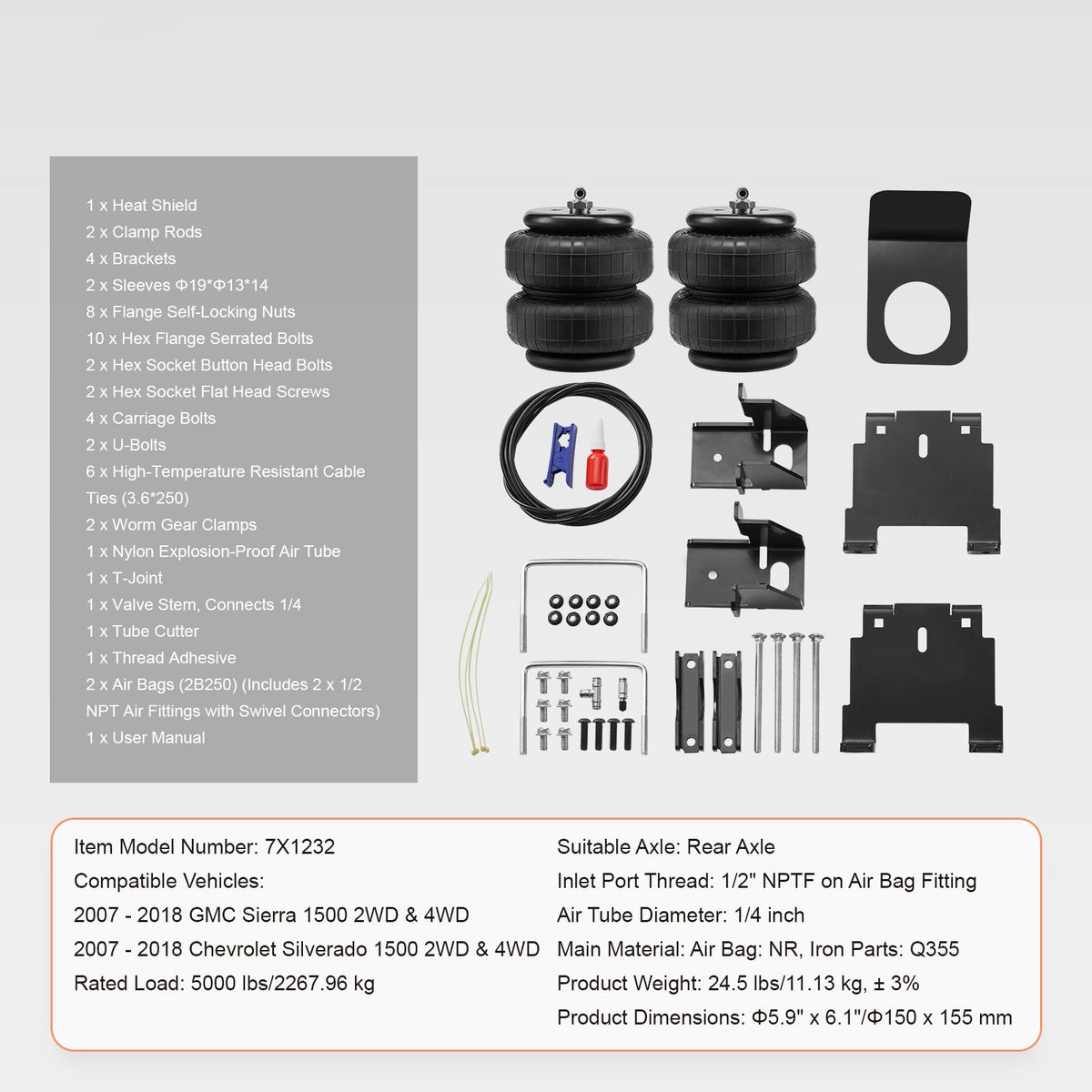 Air Bag Suspension Kit, Air Springs Suspension Bag Kit Compatible with 2007-2018 Chevrolet Silverado 1500 and GMC Sierra 1500 2WD 4WD, 5000 lbs Loading, 5 to 100 PSI
