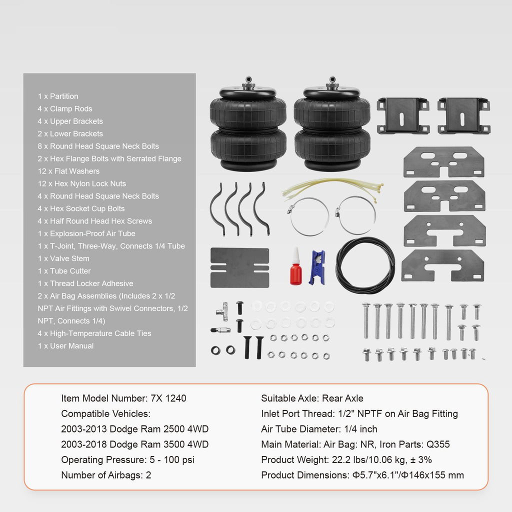 Air Bag Suspension Kit, Air Springs Suspension Bag Kit Compatible with 2003-2013 Dodge Ram 2500 4WD, 2003-2018 Dodge Ram 3500 4WD, 5000 lbs Loading, 5 to 100 PSI