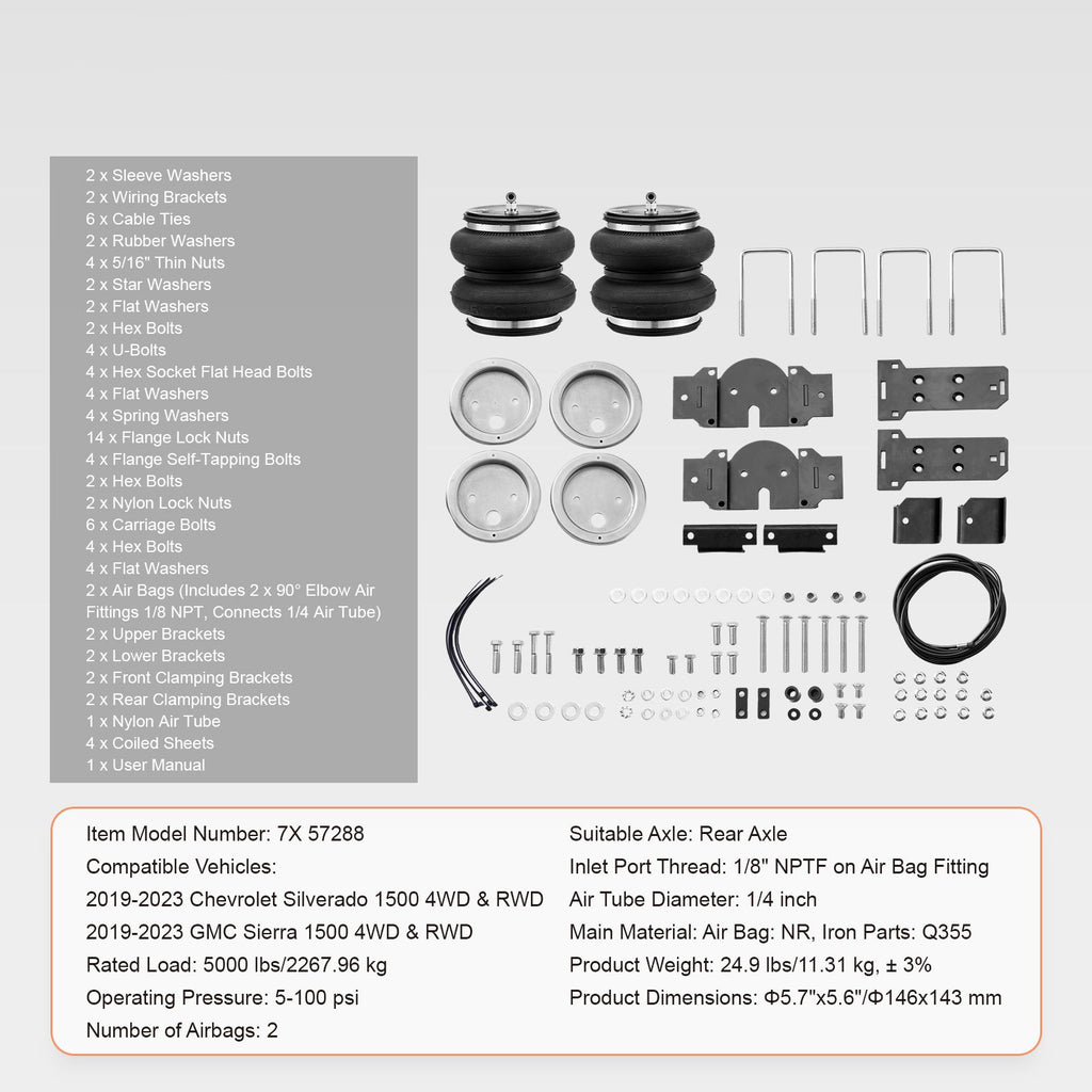 Air Bag Suspension Kit, Air Springs Suspension Bag Kit Compatible with 2019-2023 Chevrolet Silverado 1500 and GMC Sierra 1500 4WD RWD, 5000 lbs Loading, 5 to 100 PSI