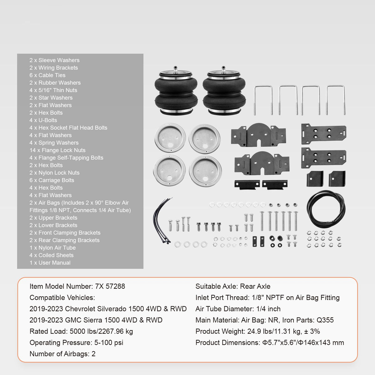 Air Bag Suspension Kit, Air Springs Suspension Bag Kit Compatible with 2019-2023 Chevrolet Silverado 1500 and GMC Sierra 1500 4WD RWD, 5000 lbs Loading, 5 to 100 PSI