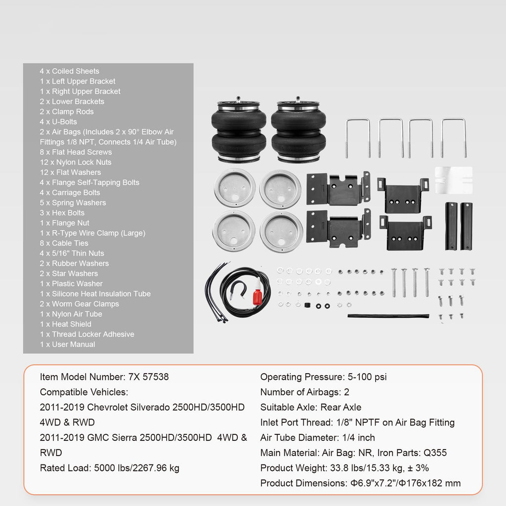 Air Bag Suspension Kit, Air Springs Suspension Bag Kit Compatible with 2011-2019 Chevrolet Silverado 2500/3500HD and GMC Sierra 2500/3500HD 4WD RWD, 5000 lbs Loading, 5 to 100 PSI