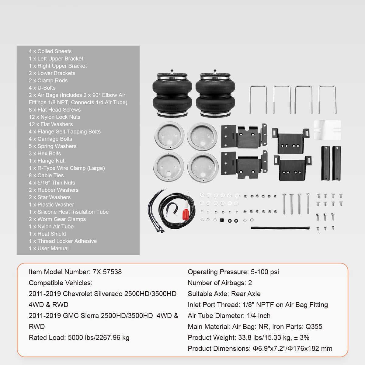 Air Bag Suspension Kit, Air Springs Suspension Bag Kit Compatible with 2011-2019 Chevrolet Silverado 2500/3500HD and GMC Sierra 2500/3500HD 4WD RWD, 5000 lbs Loading, 5 to 100 PSI