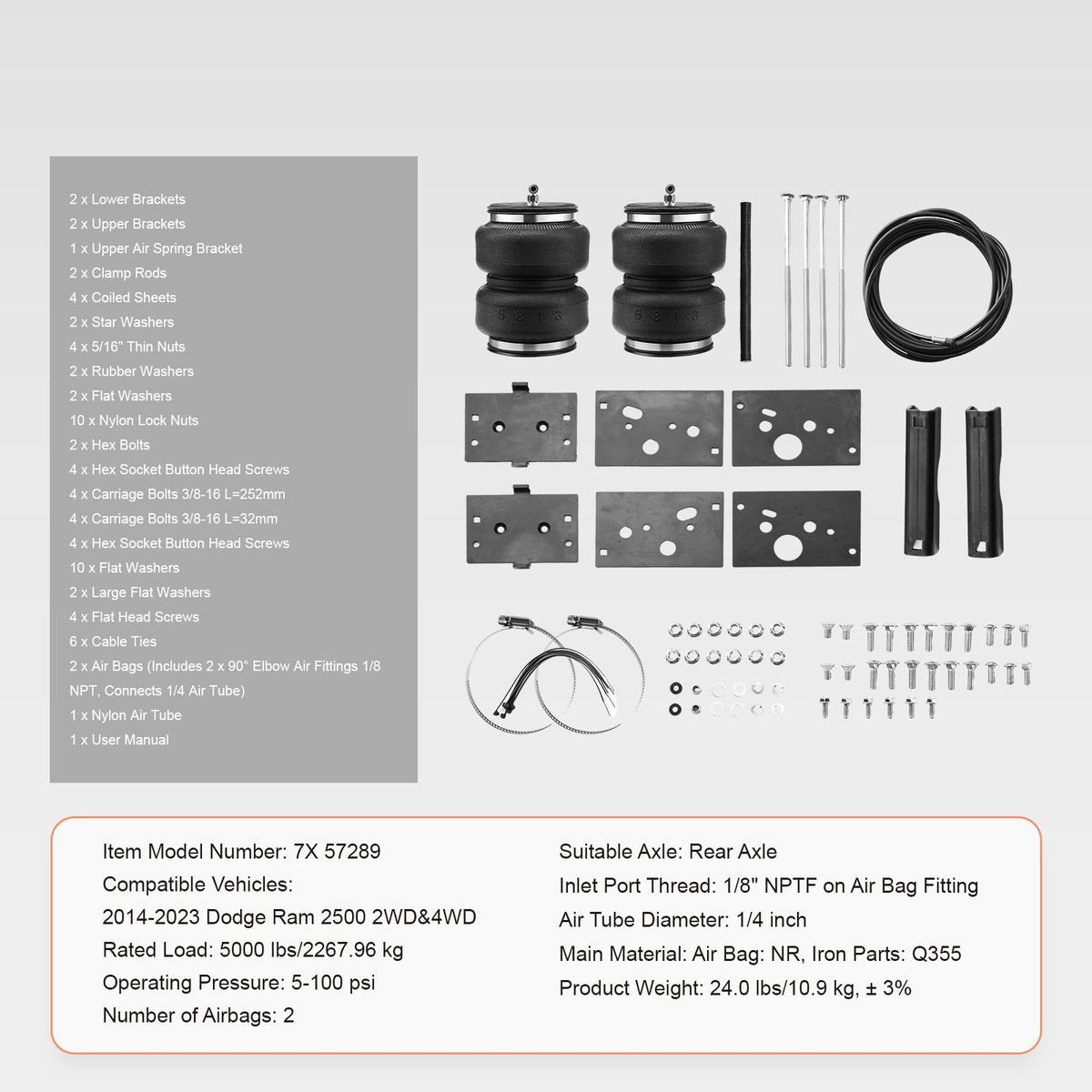 Air Bag Suspension Kit, Air Springs Suspension Bag Kit Compatible with 2014-2023 Dodge Ram 2500 2WD 4WD, 5000 lbs Loading, 5 to 100 PSI