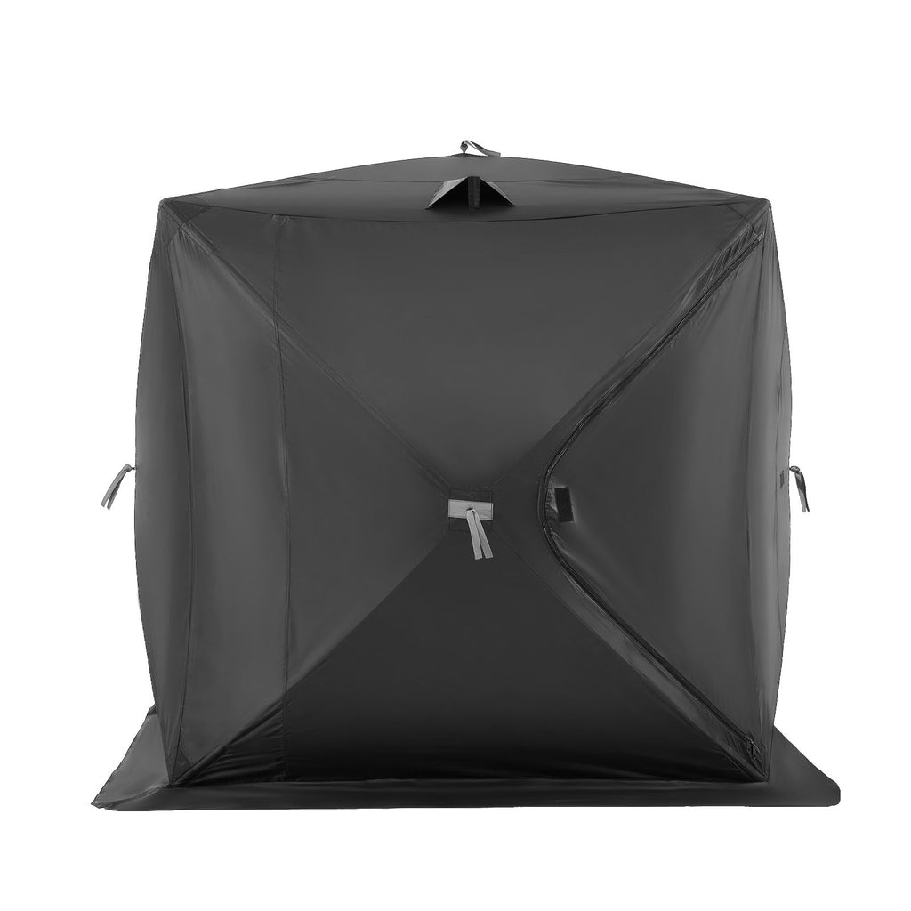 Portable Ice Shelter, 6-8 Person Pop-Up Ice Fishing Tent, 70 Square Feet Fishable Area, Ice Shanty for Winter Fishing, Waterproof Oxford Ice Cube with Anchors/Ropes/Carrying Bag, 142"x71" Black