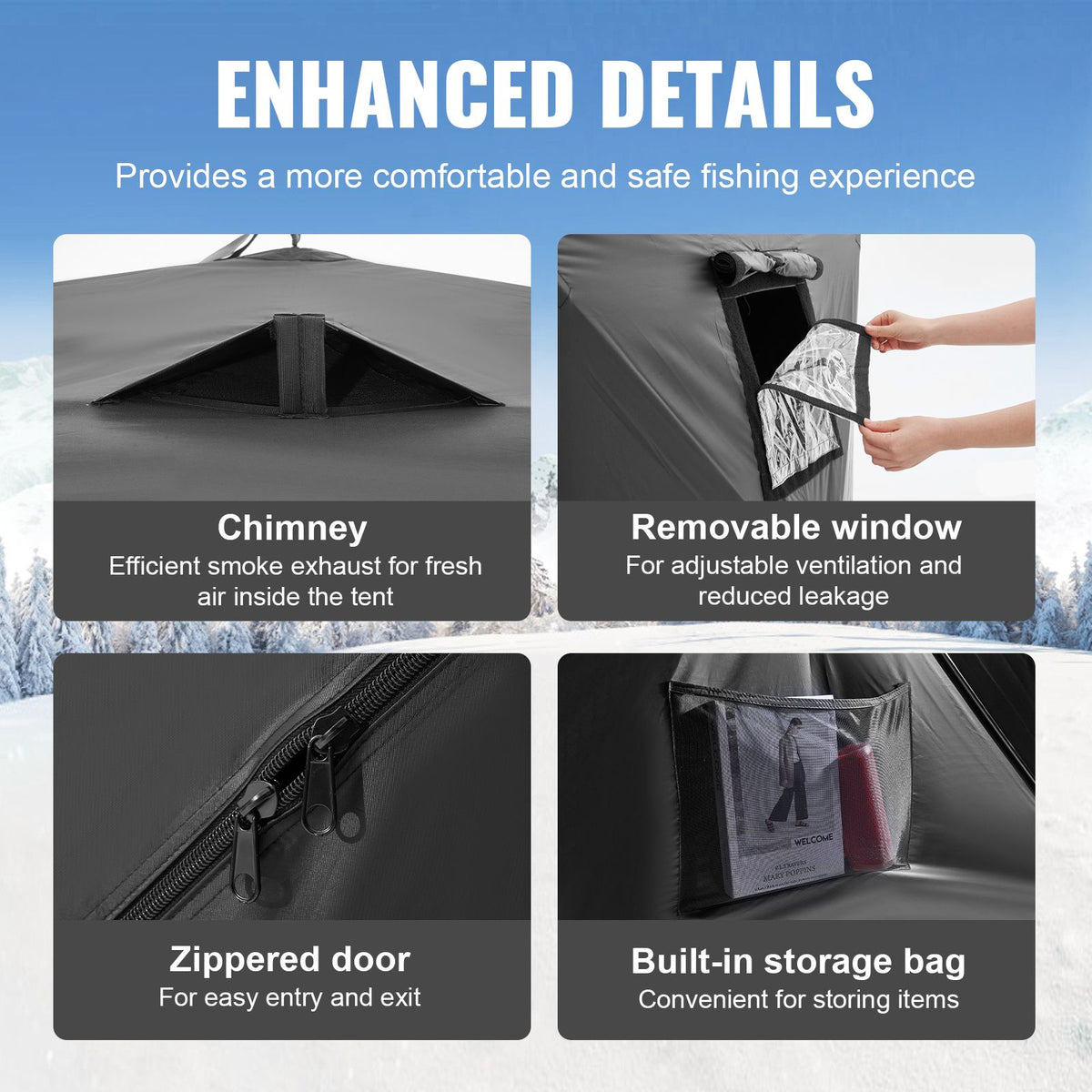 Portable Ice Shelter, 6-8 Person Pop-Up Ice Fishing Tent, 70 Square Feet Fishable Area, Ice Shanty for Winter Fishing, Waterproof Oxford Ice Cube with Anchors/Ropes/Carrying Bag, 142"x71" Black