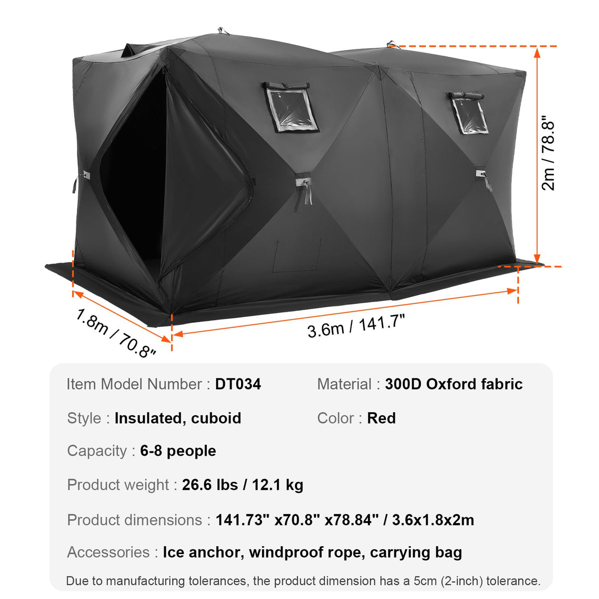 Portable Ice Shelter, 6-8 Person Pop-Up Ice Fishing Tent, 70 Square Feet Fishable Area, Ice Shanty for Winter Fishing, Waterproof Oxford Ice Cube with Anchors/Ropes/Carrying Bag, 142"x71" Black