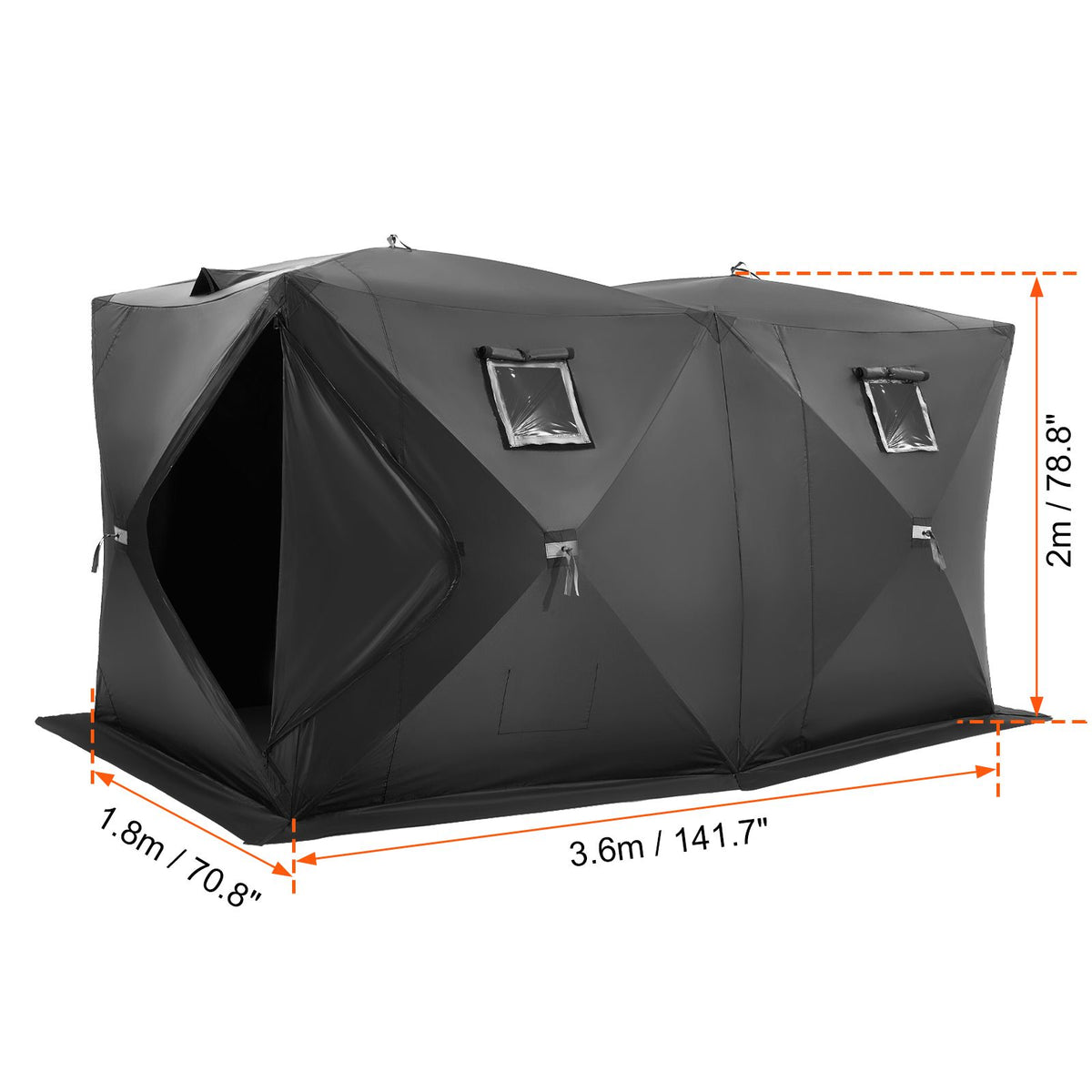 Portable Ice Shelter, 6-8 Person Pop-Up Ice Fishing Tent, 70 Square Feet Fishable Area, Ice Shanty for Winter Fishing, Waterproof Oxford Ice Cube with Anchors/Ropes/Carrying Bag, 142"x71" Black