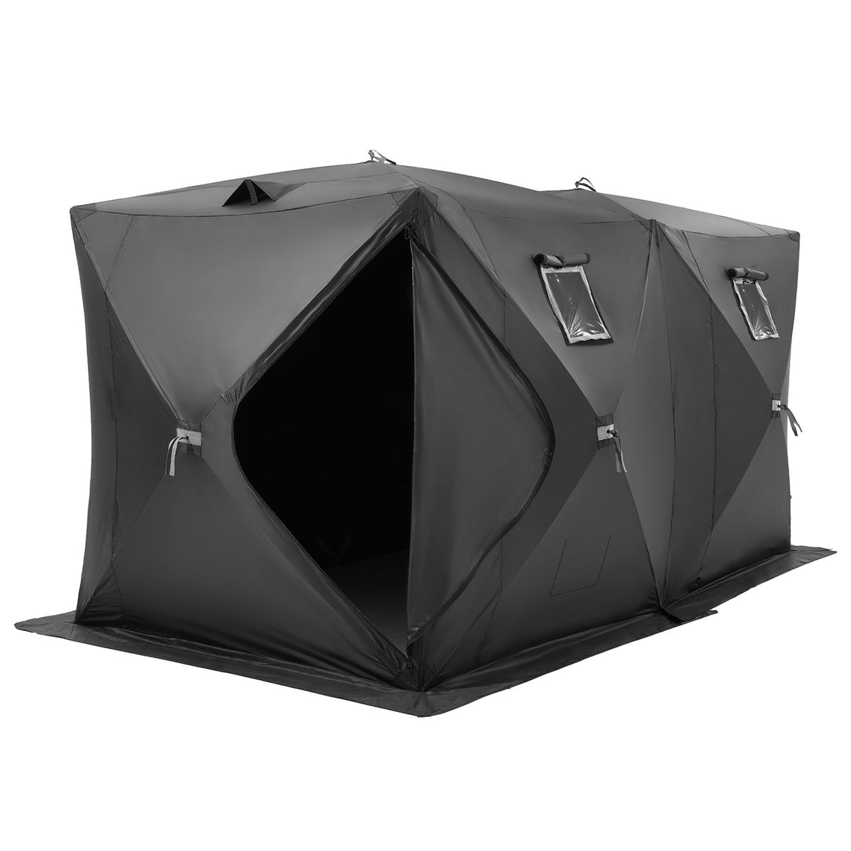 Portable Ice Shelter, 6-8 Person Pop-Up Ice Fishing Tent, 70 Square Feet Fishable Area, Ice Shanty for Winter Fishing, Waterproof Oxford Ice Cube with Anchors/Ropes/Carrying Bag, 142"x71" Black