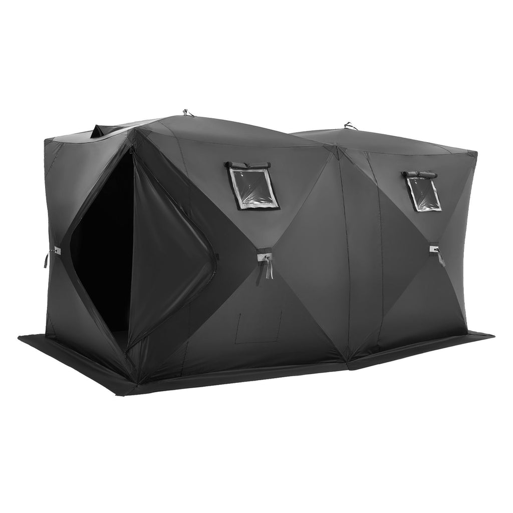 Portable Ice Shelter, 6-8 Person Pop-Up Ice Fishing Tent, 70 Square Feet Fishable Area, Ice Shanty for Winter Fishing, Waterproof Oxford Ice Cube with Anchors/Ropes/Carrying Bag, 142"x71" Black