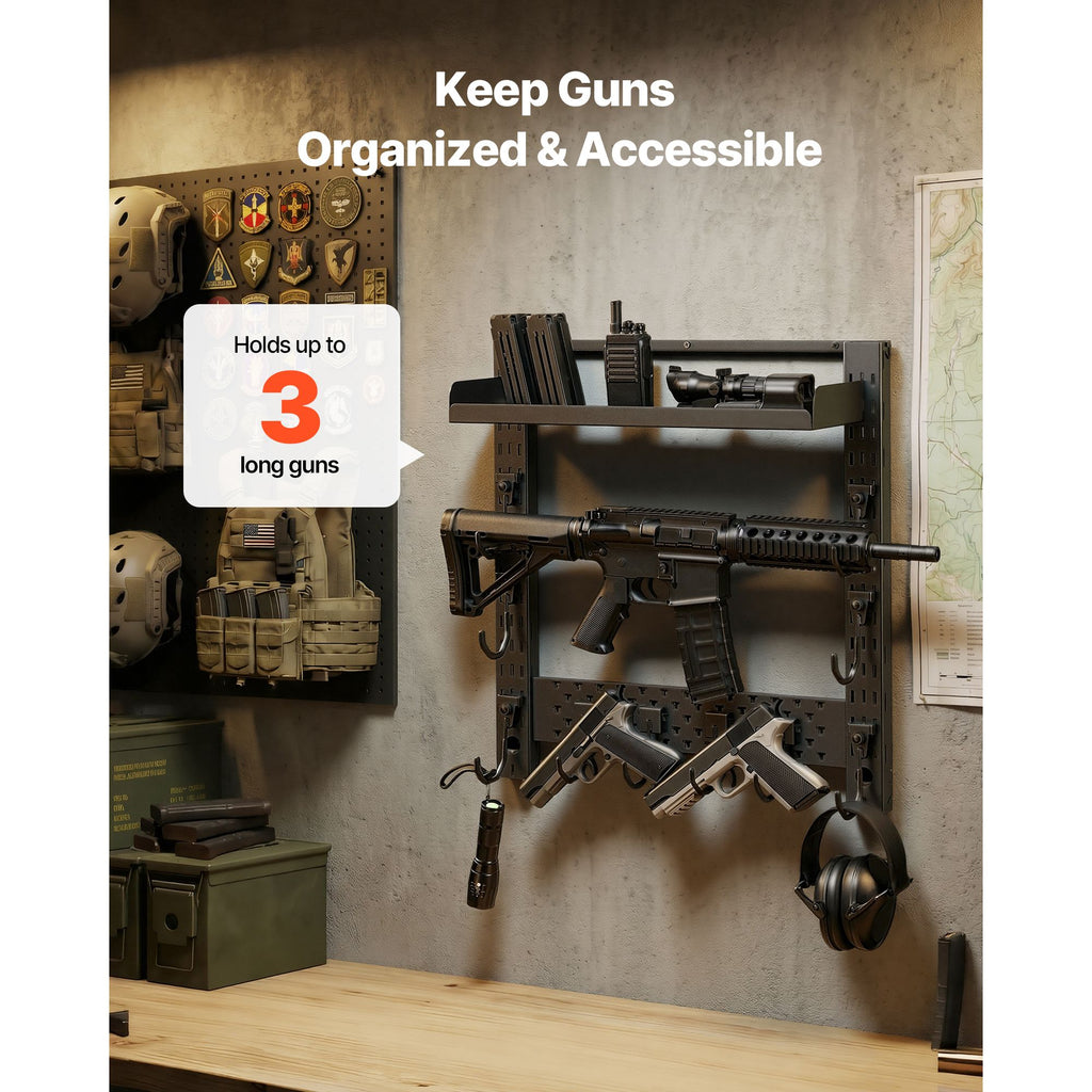 Gun Rack Wall Mount, Heavy Duty Steel, Indoor Rifle Shotgun Rack with J-Hooks, Additional Tray Storage, Gun Accessories Display Storage Holder, Hold Up to 3 Rifles or Shotguns, for Tactical Gear