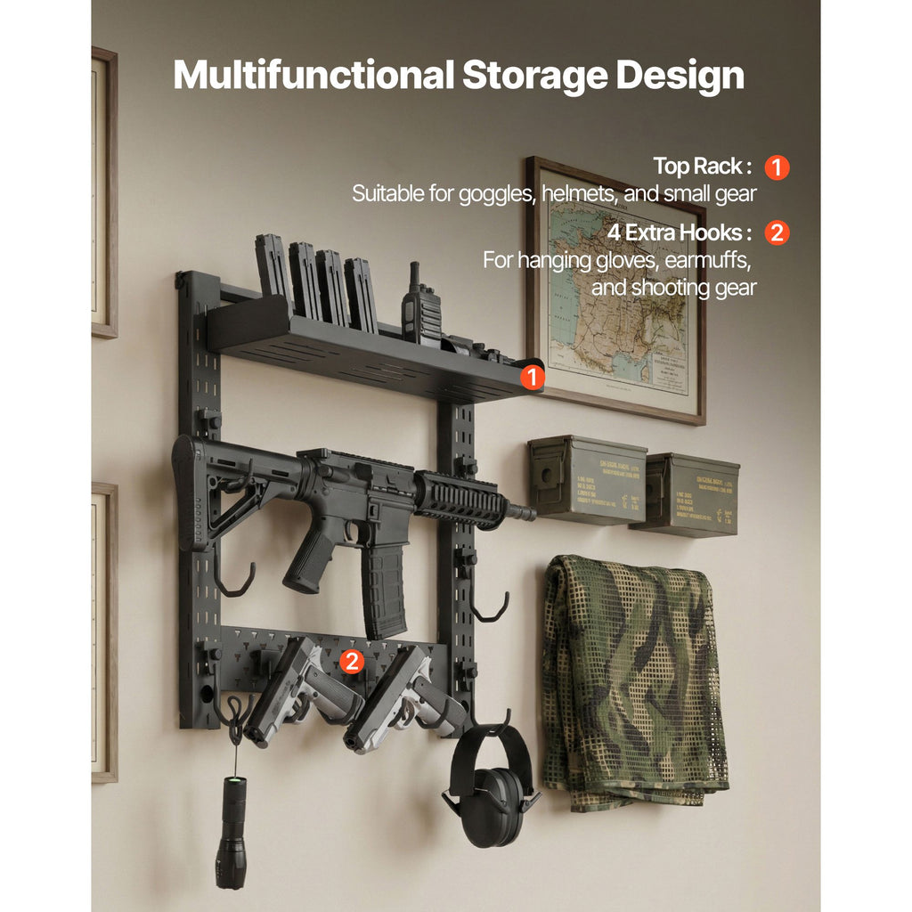 Gun Rack Wall Mount, Heavy Duty Steel, Indoor Rifle Shotgun Rack with J-Hooks, Additional Tray Storage, Gun Accessories Display Storage Holder, Hold Up to 3 Rifles or Shotguns, for Tactical Gear