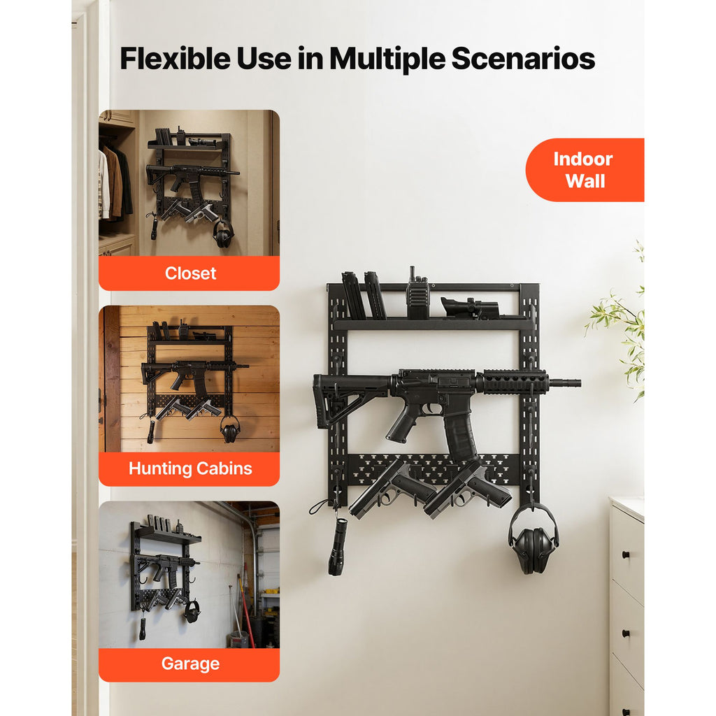 Gun Rack Wall Mount, Heavy Duty Steel, Indoor Rifle Shotgun Rack with J-Hooks, Additional Tray Storage, Gun Accessories Display Storage Holder, Hold Up to 3 Rifles or Shotguns, for Tactical Gear