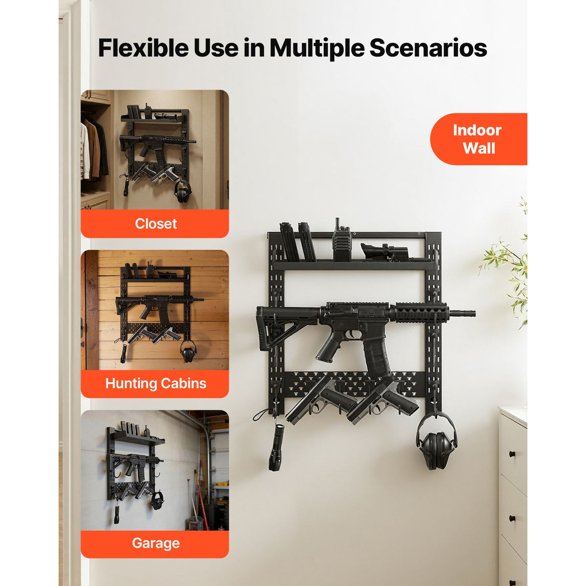 Gun Rack Wall Mount, Heavy Duty Steel, Indoor Rifle Shotgun Rack with J-Hooks, Additional Tray Storage, Gun Accessories Display Storage Holder, Hold Up to 3 Rifles or Shotguns, for Tactical Gear