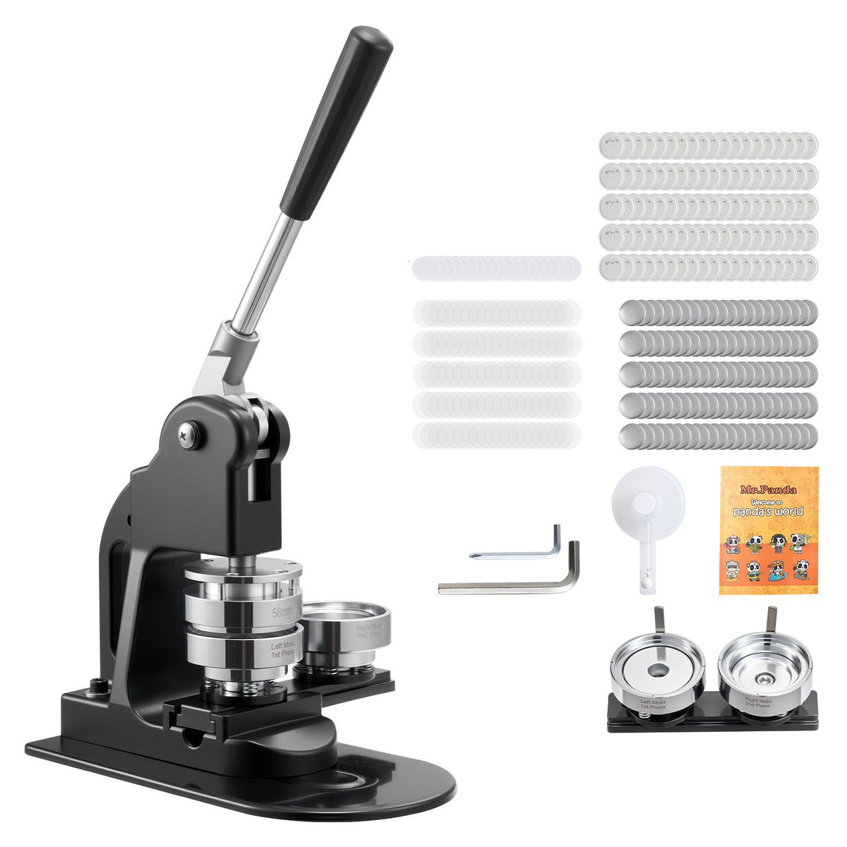 Button Maker Machine, 58 mm, Pin Maker Machine with 500pcs Button Parts, Circle Cutter, Hex Wrenches and Magic Book, Ergonomic Handle, for DIY Badges, Personalized Pins and Key Chains, Black