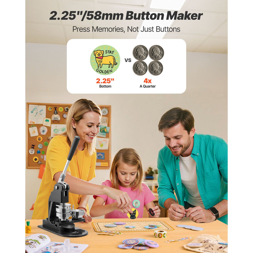 Button Maker Machine, 58 mm, Pin Maker Machine with 500pcs Button Parts, Circle Cutter, Hex Wrenches and Magic Book, Ergonomic Handle, for DIY Badges, Personalized Pins and Key Chains, Black