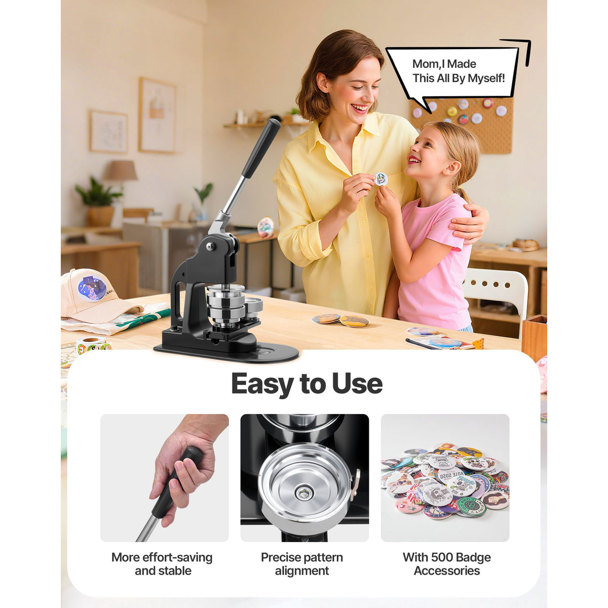 Button Maker Machine, 58 mm, Pin Maker Machine with 500pcs Button Parts, Circle Cutter, Hex Wrenches and Magic Book, Ergonomic Handle, for DIY Badges, Personalized Pins and Key Chains, Black