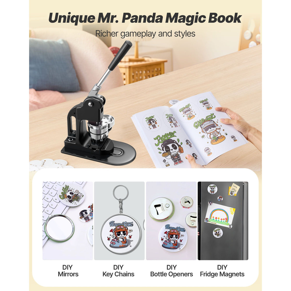 Button Maker Machine, 58 mm, Pin Maker Machine with 500pcs Button Parts, Circle Cutter, Hex Wrenches and Magic Book, Ergonomic Handle, for DIY Badges, Personalized Pins and Key Chains, Black
