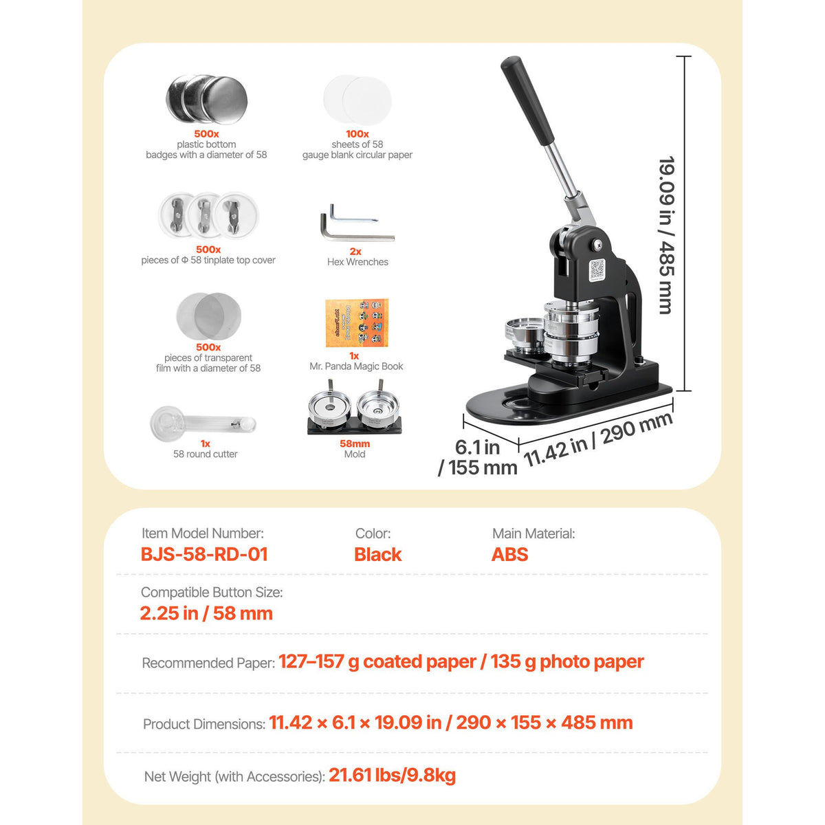 Button Maker Machine, 58 mm, Pin Maker Machine with 500pcs Button Parts, Circle Cutter, Hex Wrenches and Magic Book, Ergonomic Handle, for DIY Badges, Personalized Pins and Key Chains, Black