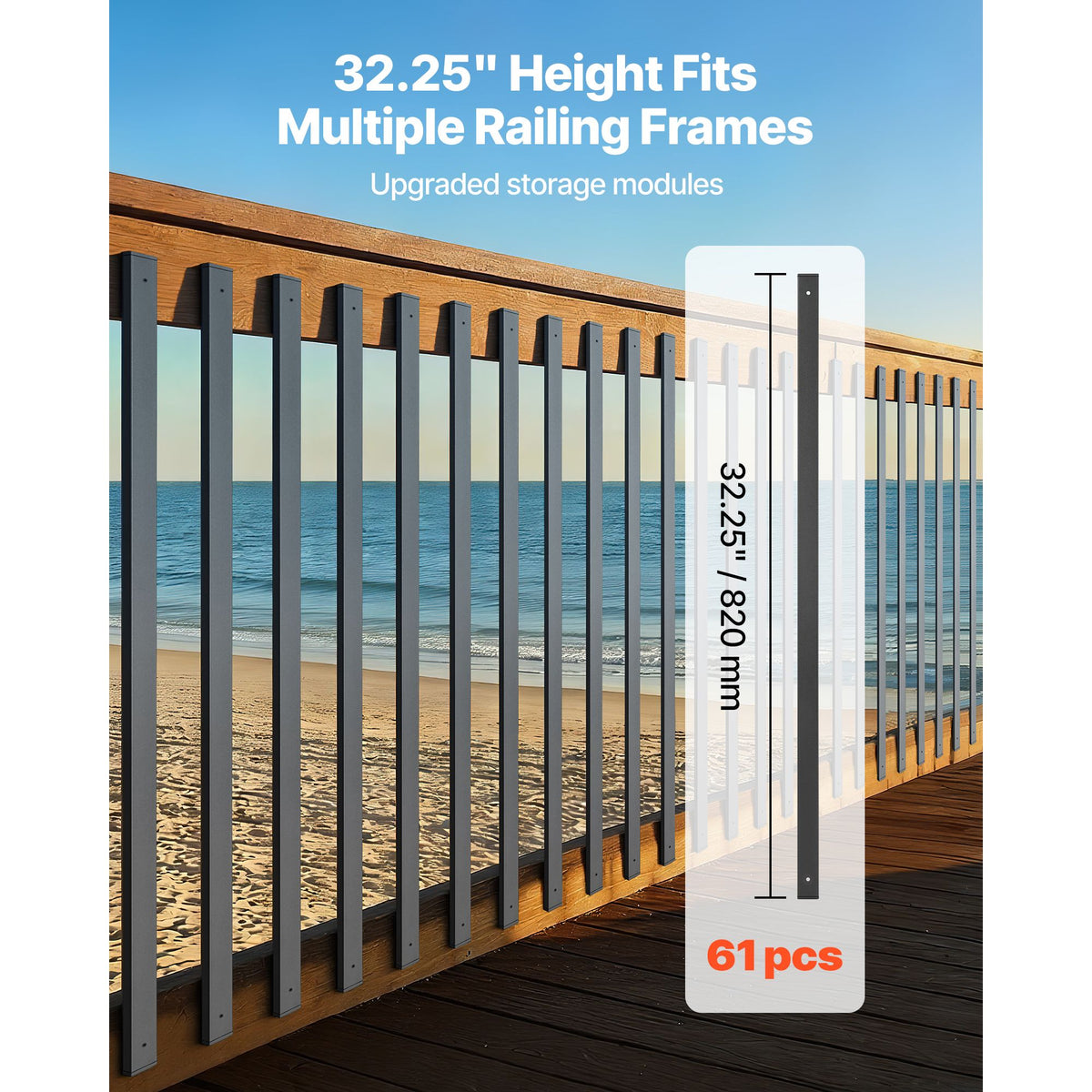 61 Pack Deck Balusters, 82 cm Galvanized Steel Railing Spindles, Hollow Rectangle Metal Decking Stair Balusters with Pre-Drilled Hole, End Caps, Screws, for Deck, Porch & Stair Railing, Black