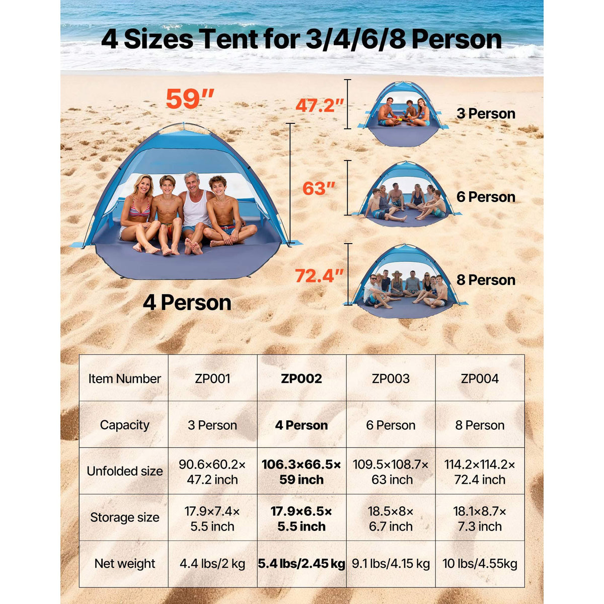 Beach Tent Sun Shelter for 4 Person, UPF 50+ Protection, Portable Sun Shade Canopy with Carrying Bag & Sand Pockets, Lightweight and Easy Setup Beach Umbrella for Camping Fishing Outdoor Picnic