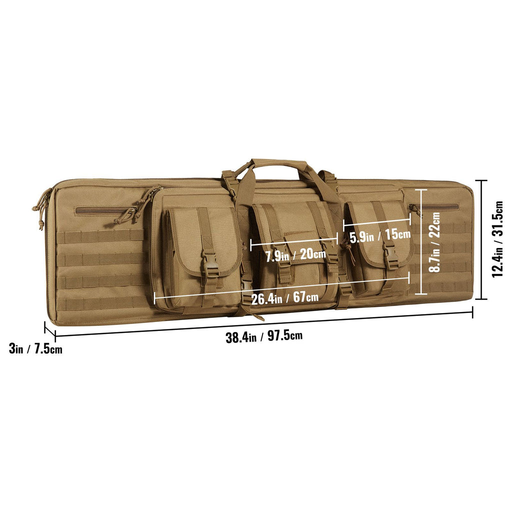 Rifle Bag, 36 inch Tactical Double Long Gun Bag, Soft Rifle Case with Lockable Zipper, Portable Handle & Shoulder Strap, 3 Large Storage Pockets Rifle Case for Two 34" Rifles & 2 Pistols, Brown