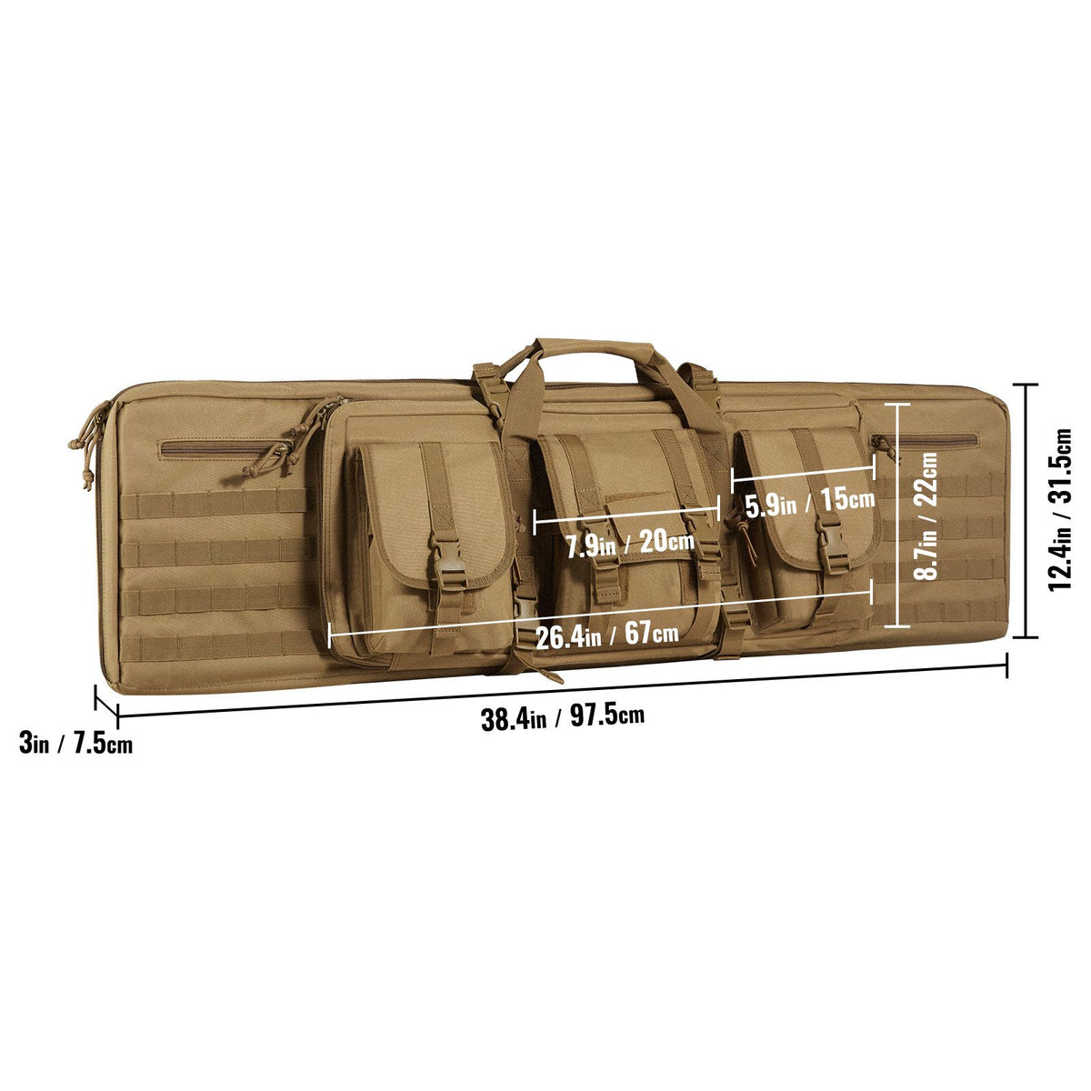 Rifle Bag, 36 inch Tactical Double Long Gun Bag, Soft Rifle Case with Lockable Zipper, Portable Handle & Shoulder Strap, 3 Large Storage Pockets Rifle Case for Two 34" Rifles & 2 Pistols, Brown