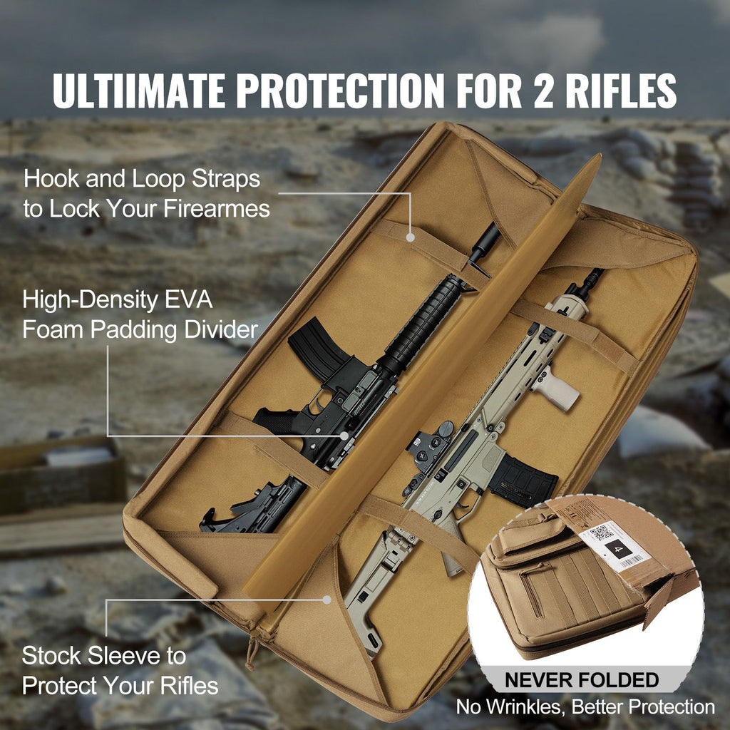 Rifle Bag, 42 inch Tactical Double Long Gun Bag, Soft Rifle Case with Lockable Zipper, Portable Handle & Shoulder Strap, 3 Large Storage Pockets Rifle Case for Two 40" Rifles & 2 Pistols, Brown